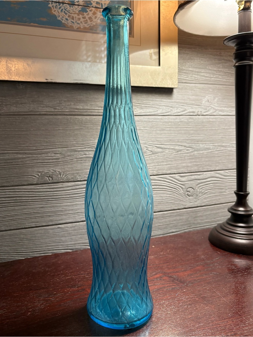 Vintage Blue Glass Decanter 100% recycled glass with a textured diamond pattern.
